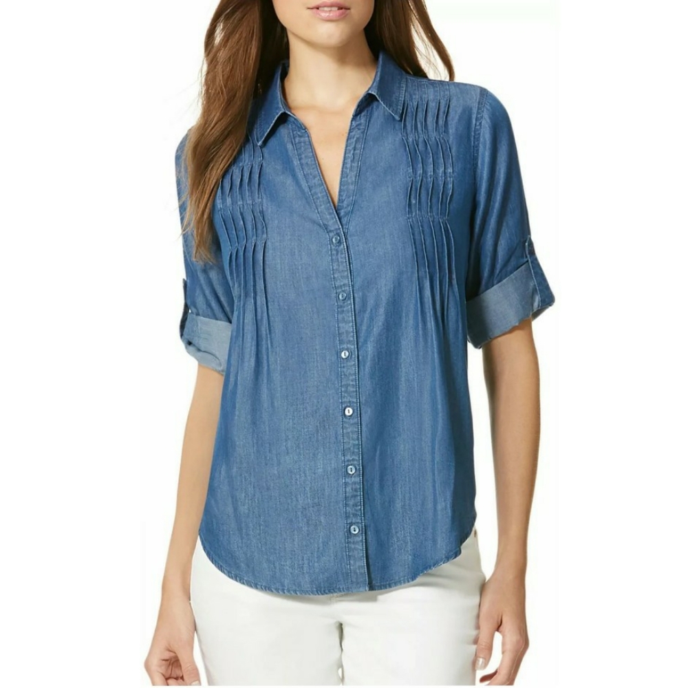 Gloria Vanderbilt Giselle Roll-tab Sleeve Blue Top Women's Size Large NWT - Picture 2 of 9